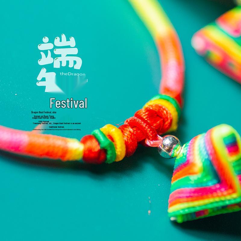 Traditional Dragon Boat Festival Hand-Woven Five-Color Thread Bracelet with Mini Zongzi Charm