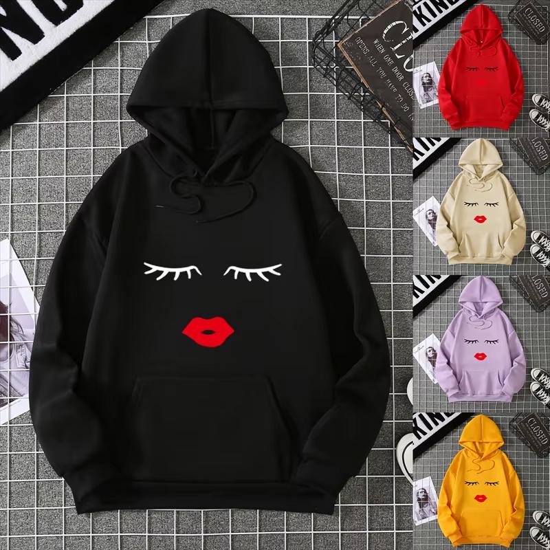 2025 Pretty Cute Eye Lashes Red Lips Print Women Hoodie Summer Casual Short Sleeve O Neck t-shirt Ladies White Hooded Sweatshirt