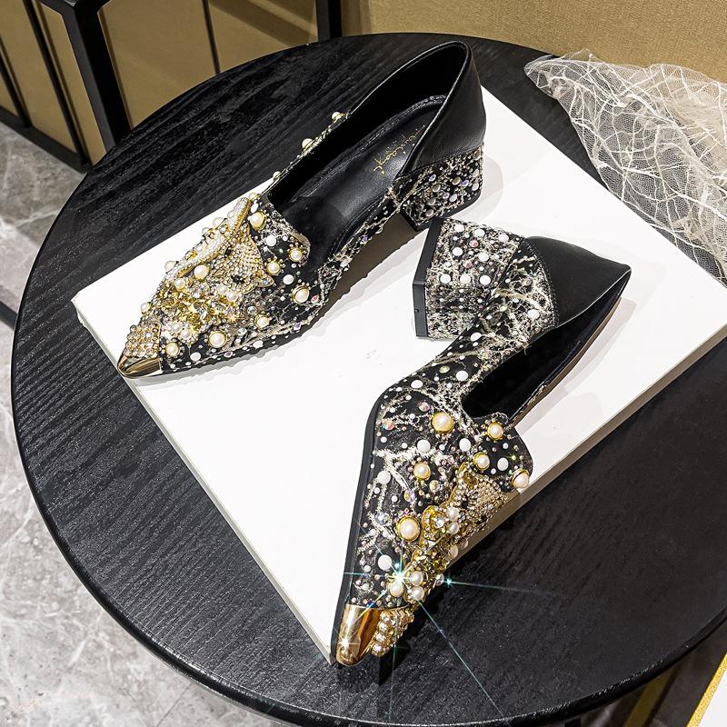 Mocassins Pointus Strass pour Femmes Élégant Tempérament Chaussures Simples Fait Main Talons Hauts Talons Épais Chaussures pour Femmes Zapatos Mujer