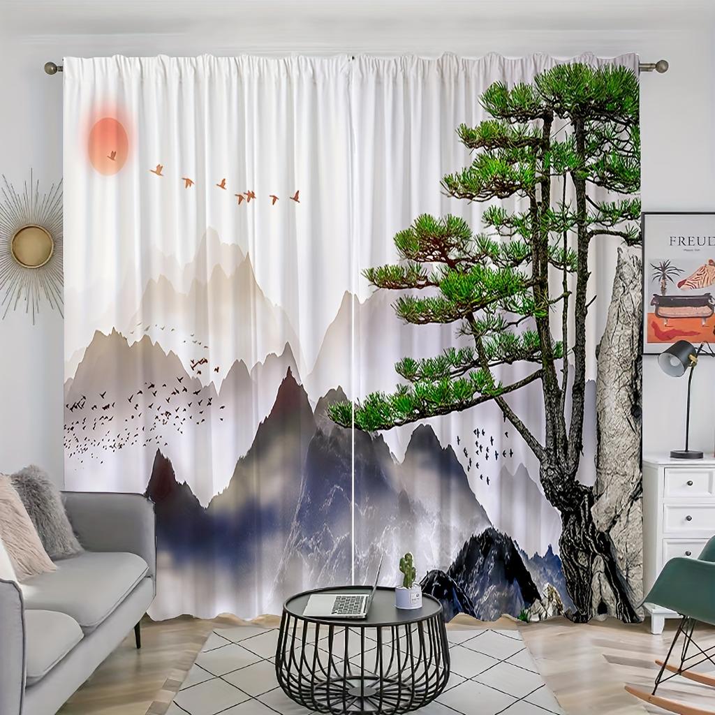 2pcs Black Tree Curtains Modern Art Minimalism Trees Of Life Window Curtains Rod Pocket Window Drapes For Bedroom Living Room