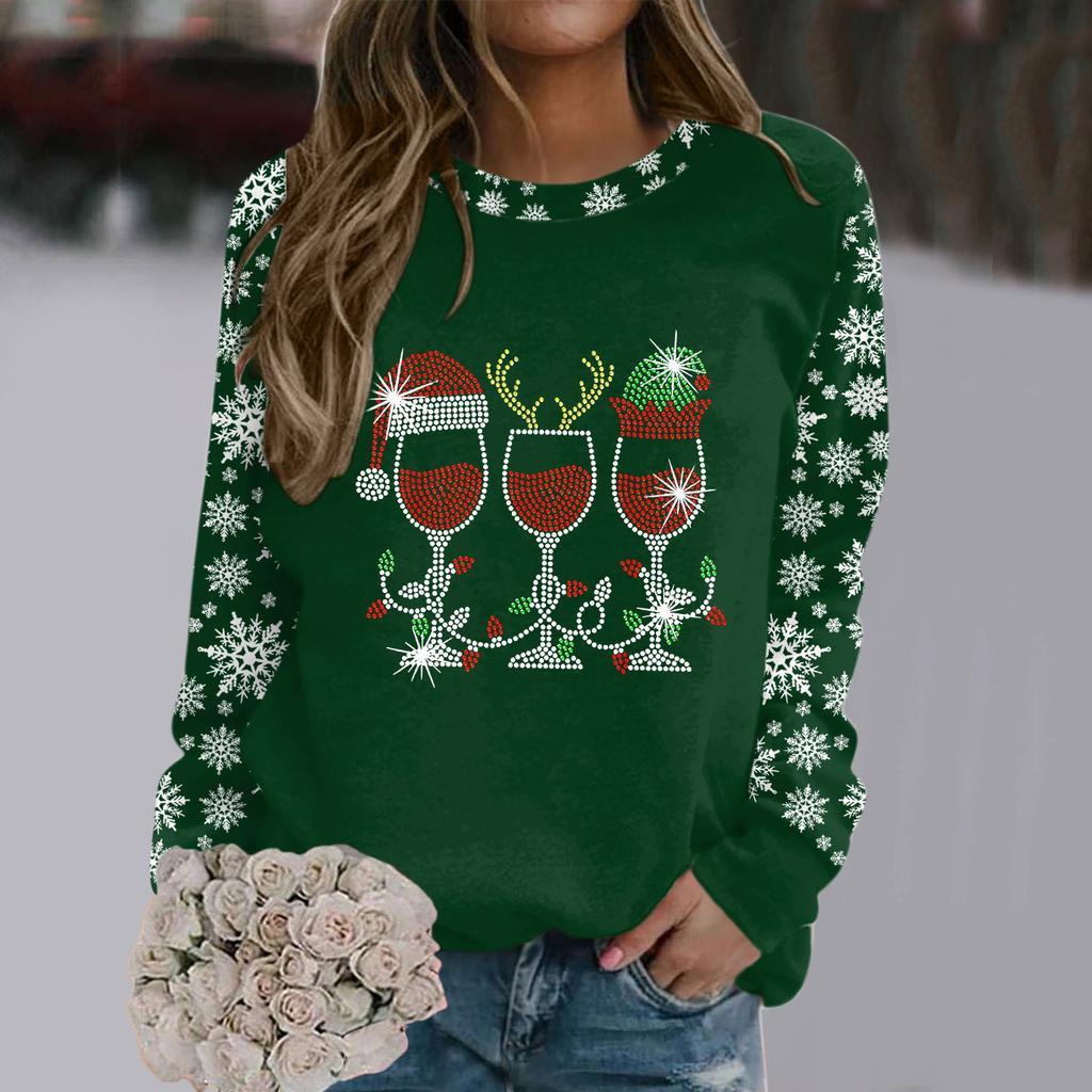 Weihnachts-Sweatshirt Weinglas Hut Schneeflocken-Print Pullover Herbst und Winter Rundhals Langarm Kapuzenlose Oberteile Lässiger Hoodie