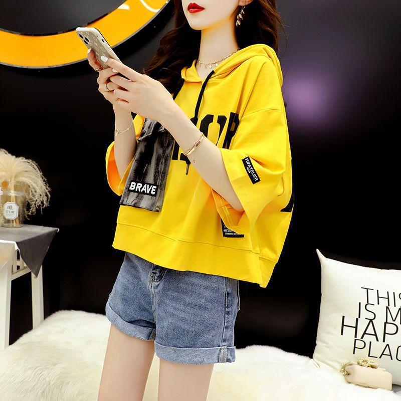 Summer Letter Printing Hoodies Women Round Neck Short Sleeve Drawstring Short Pullovers Ladies Korean Style Casual Top