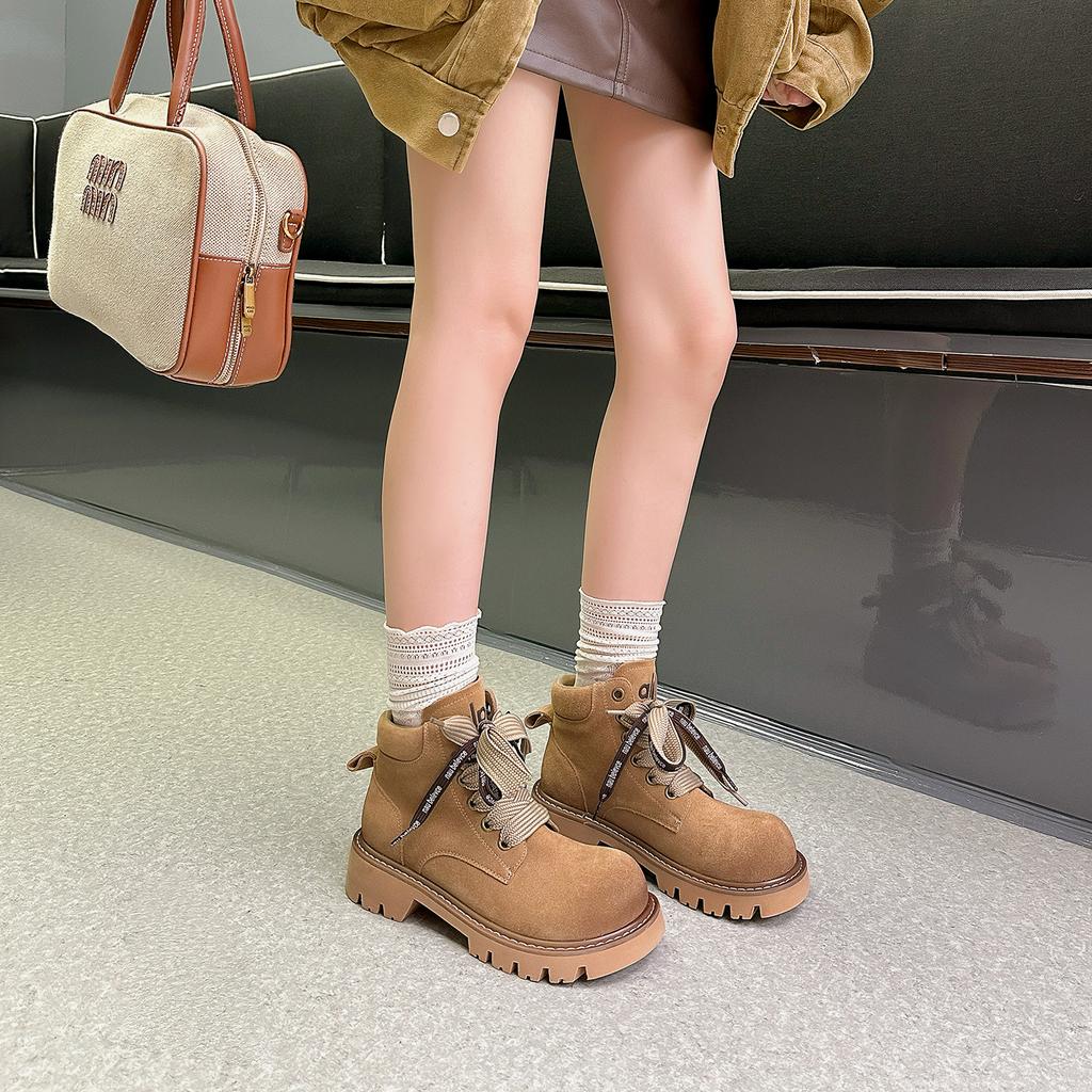 Cowhide version~ genuine leather thick-soled polished Martin boots women's 2025 new British style versatile mandarin duck shoelaces short boots