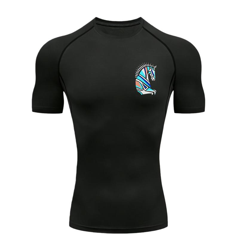 Pferdekopf Muster Herren Sport T-Shirt Training Fitnessstudio Joggen Laufen Workout Kompressions Kurzarm T-Shirt