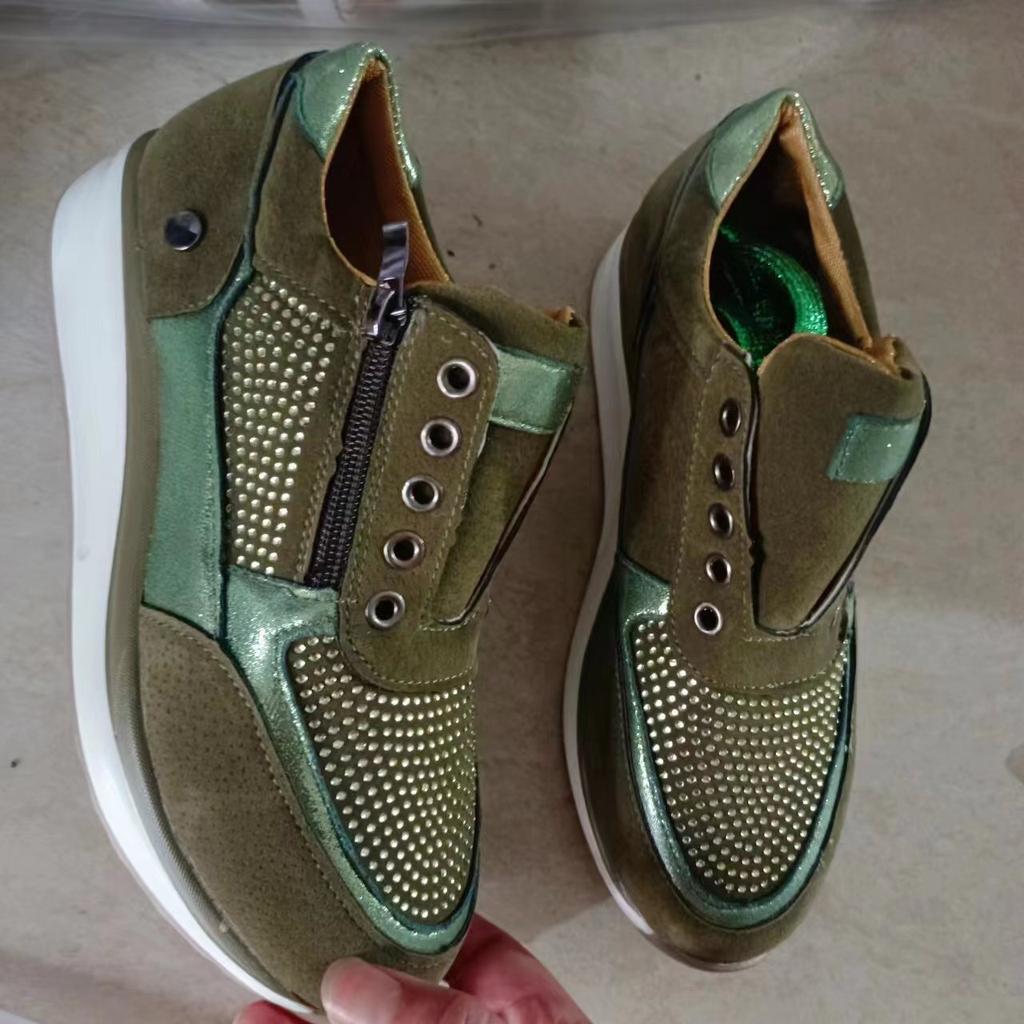 Große Größe Strass Schnürer Casual Damen Muffinsohle Einzelne Schuhe Overalls Runde Zehenpartie Mittlerer Absatz Reißverschlussschuhe