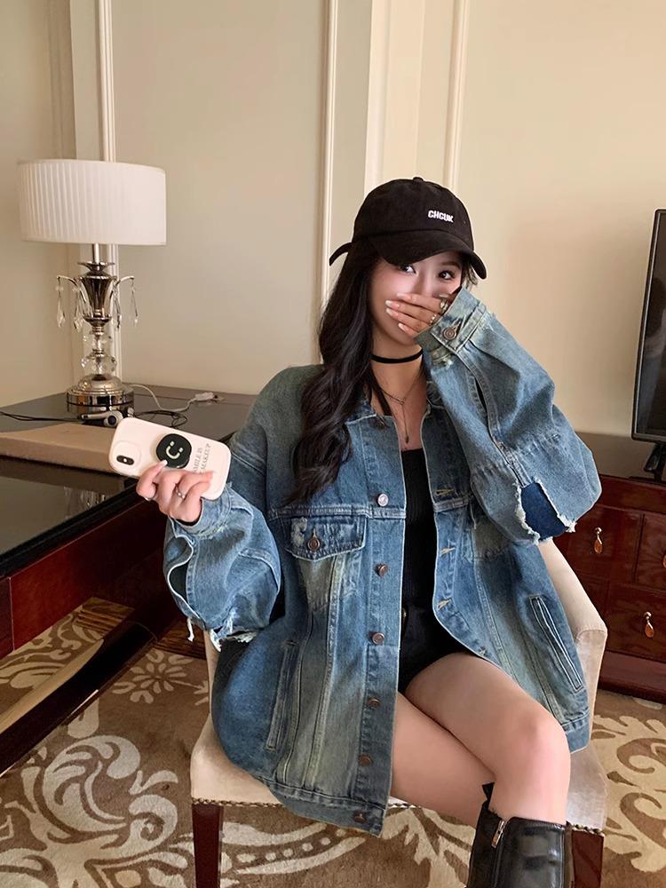 Women's Retro Ripped Denim Jacket for Spring/Autumn 2024 - Loose, Versatile Cardigan Top