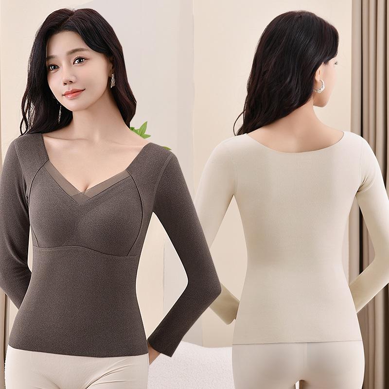 Women's Double-Sided Velvet Self-Heating Top with Fixed Cups, Thickened Waist, Long Sleeves - Warm Autumn Shirt.