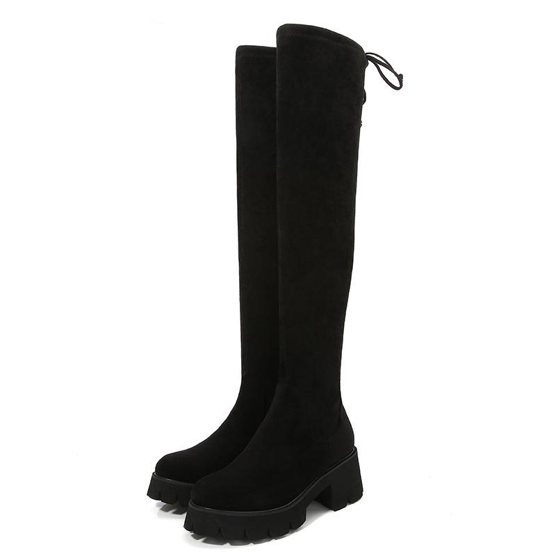 Fett MM dicke Beine elastische Stiefel fallen nicht ab Kniestiefel Winter dünne Stiefel dicker Absatz hohe Stiefel große Größe Damenstiefel