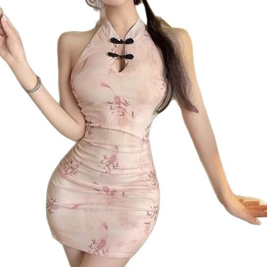 Retro-style Printing Hollow-out Sexy Cheongsam Neck Dress Temperament Young Slim-fitting Backless Hip-wrapped Short Skirt