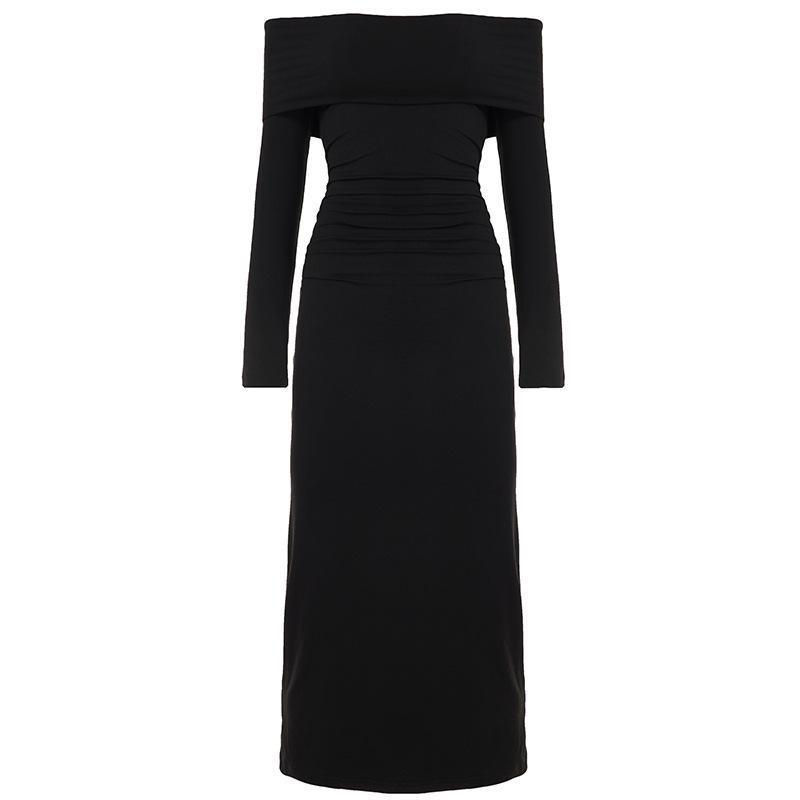 

European & American Winter Solid Color Off-Shoulder Slim Fit Long Sleeve Bodycon Dress L