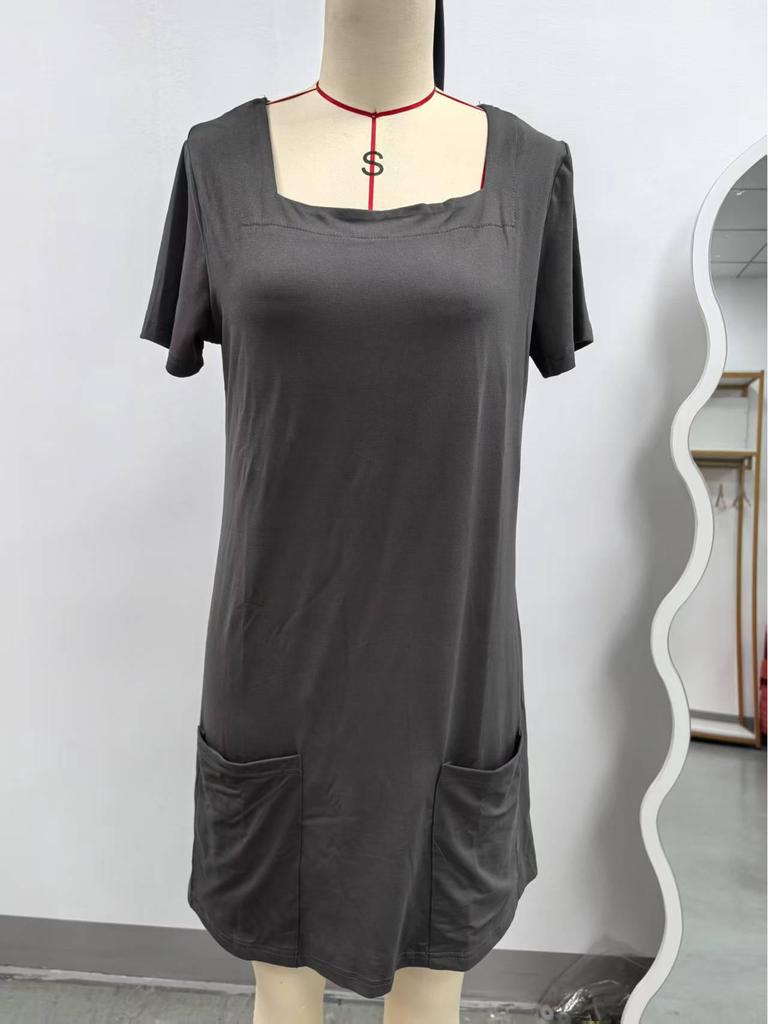 European and American Fashion: Women's Square Neck Short Sleeve Pocket Dress
