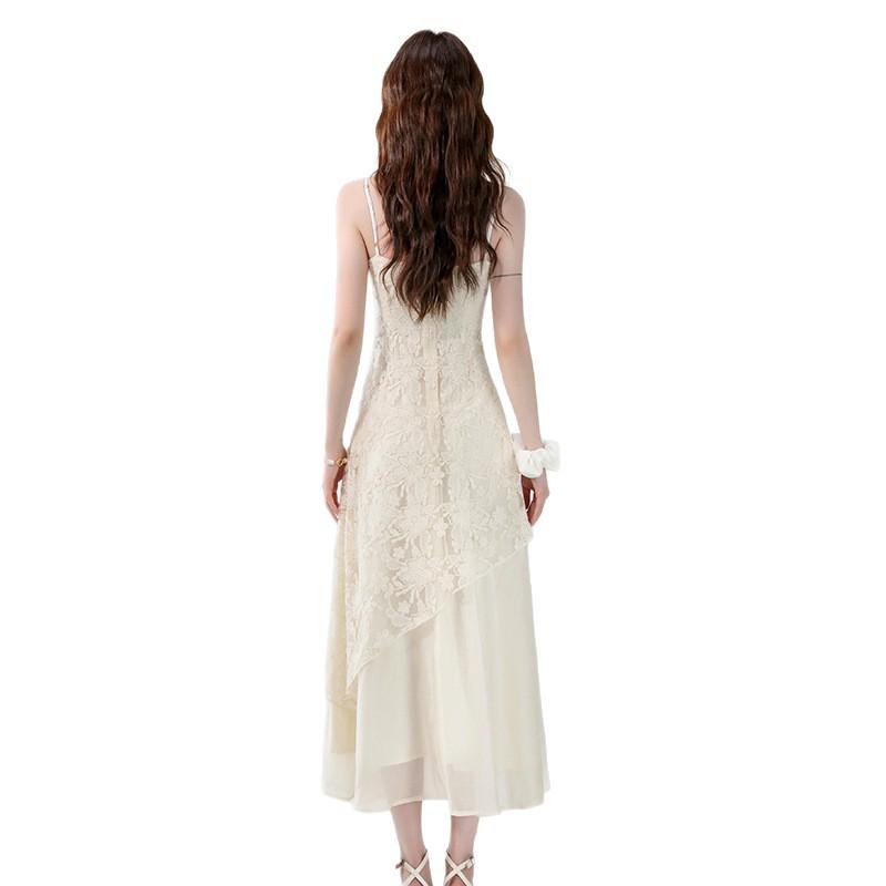 2026 Summer French Apricot Lace Embroidered Irregular Long Camisole Dress for Women