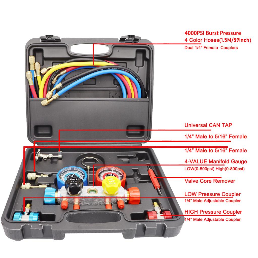 1 BOX Tool Kit Set Car Air Conditioning Pressure Manifold Gauge Hose Adapter R22 R-410A R-134a R-404A Refrigerant Pressure Gauge