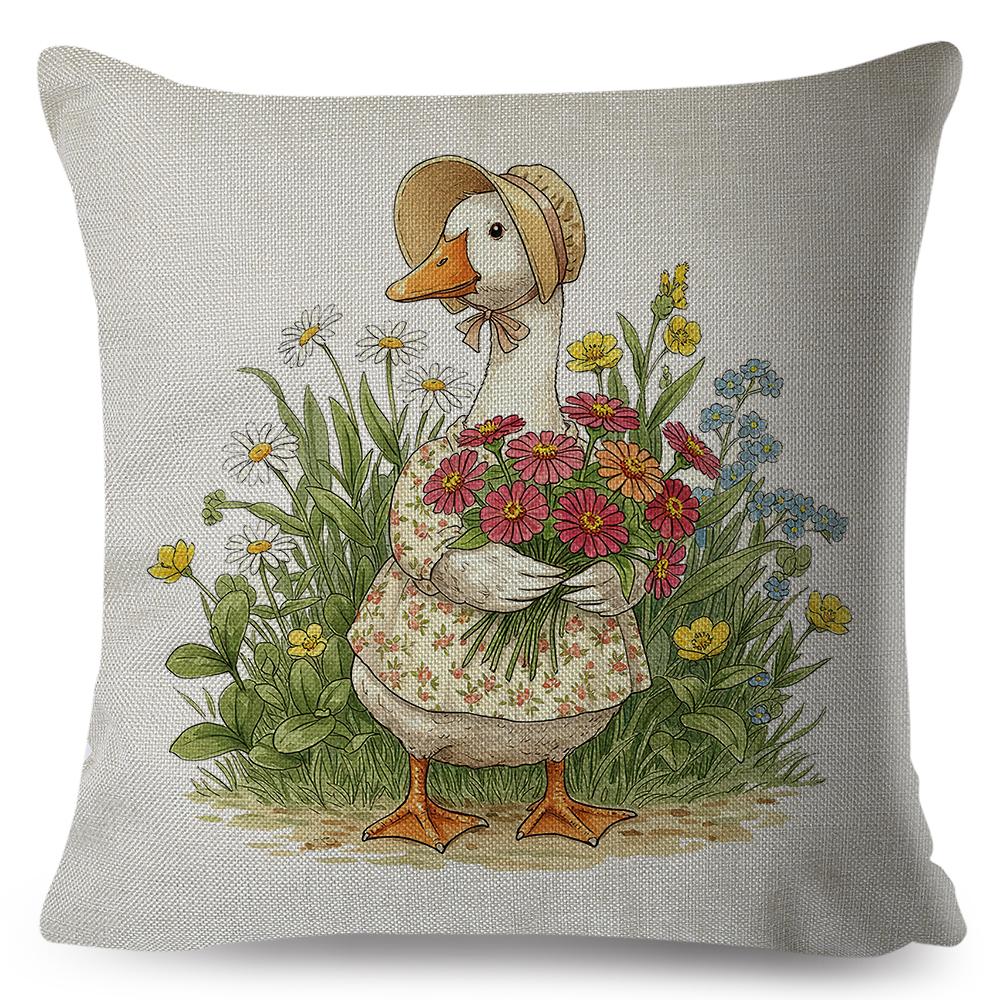 Multi Size Vibrant Print Pillow Cover Vintage Farm Goose Floral Duck Countryside Waterfowl Sofa Decor Cushion