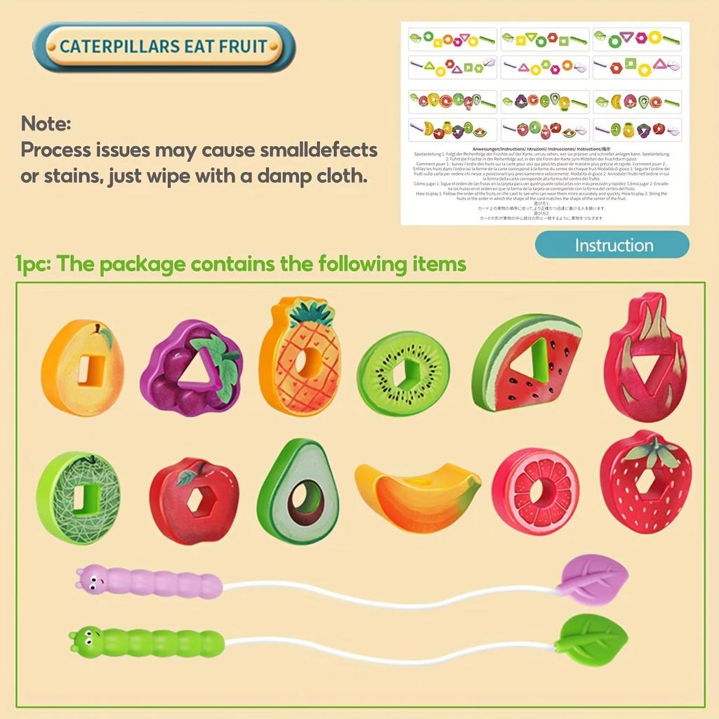Interactive Caterpillar Fruit Stringing Blocks - Educational Toddler Toy for Color & Shape Preschool Learning Game Gift ,Ages 3+