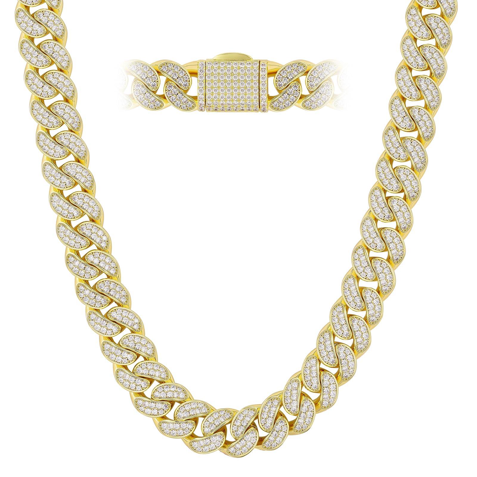 

Kihei Necklace Zirconia Miami Cuban Chain 12mm 14K Gold Plated CZ Diamond Thick Necklace Choker Hip Hop Dancer Rapper Accessory 46cm KRKC&CO Men s