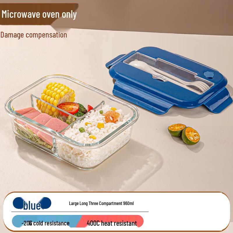 Borosilicate Glass 3-Compartment Lunch Box with Cutlery Set