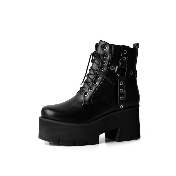 

New European and American black short women s boots round head front strap metal decorative thick high heel Martin boots 39 чёрный