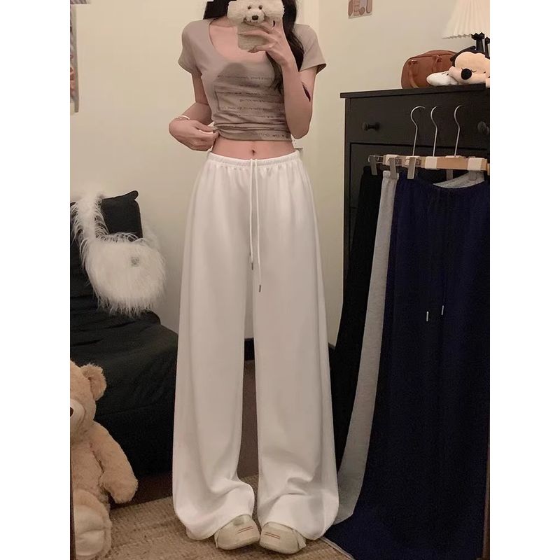 Kumikumi Idle Style Drawstring Casual Pants Straight-Leg Pants Women's Autumn Simplicity Loose White Wide Leg Pants Mop Pants