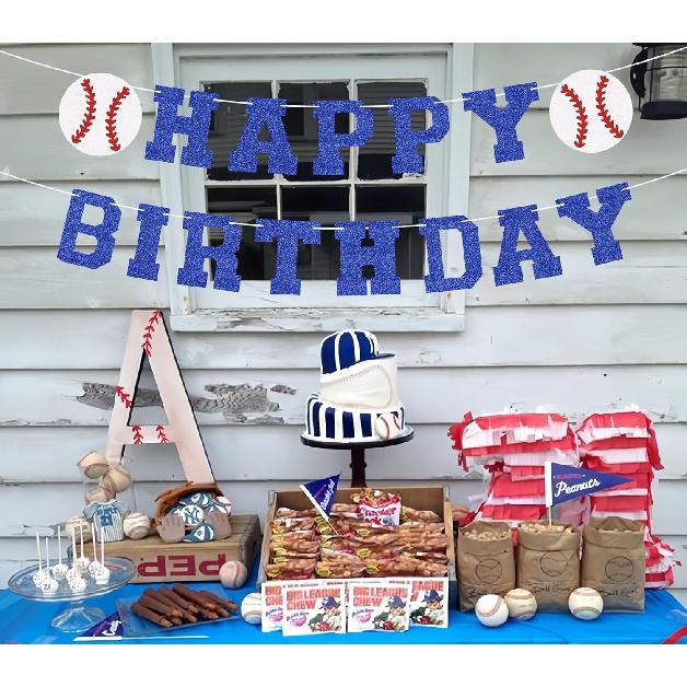 Set of 2 Pre-Strung Baseball Happy Birthday Banner - Blue Glitter Baseball Themed Birthday Party Decorations Supplies for Boys or Girls, Photo Booth