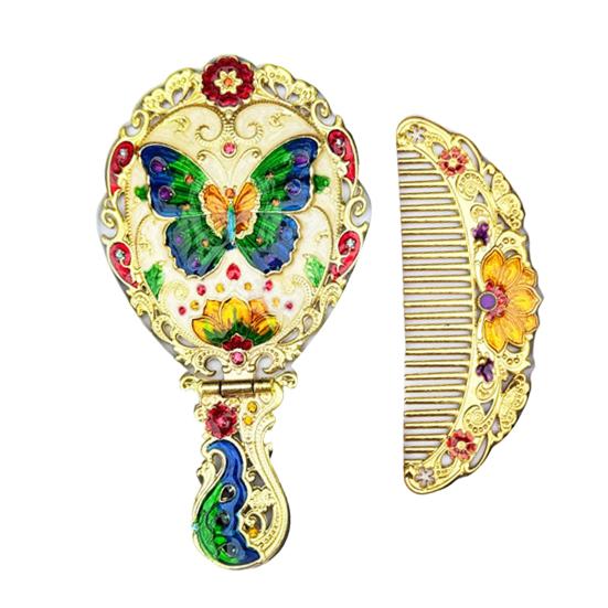 Vintage Folding Hand Mirror with Carved Comb Portable Travel Long Handle Metal Makeup Mirror Women Decorative Handheld Desk Vanity Mirror