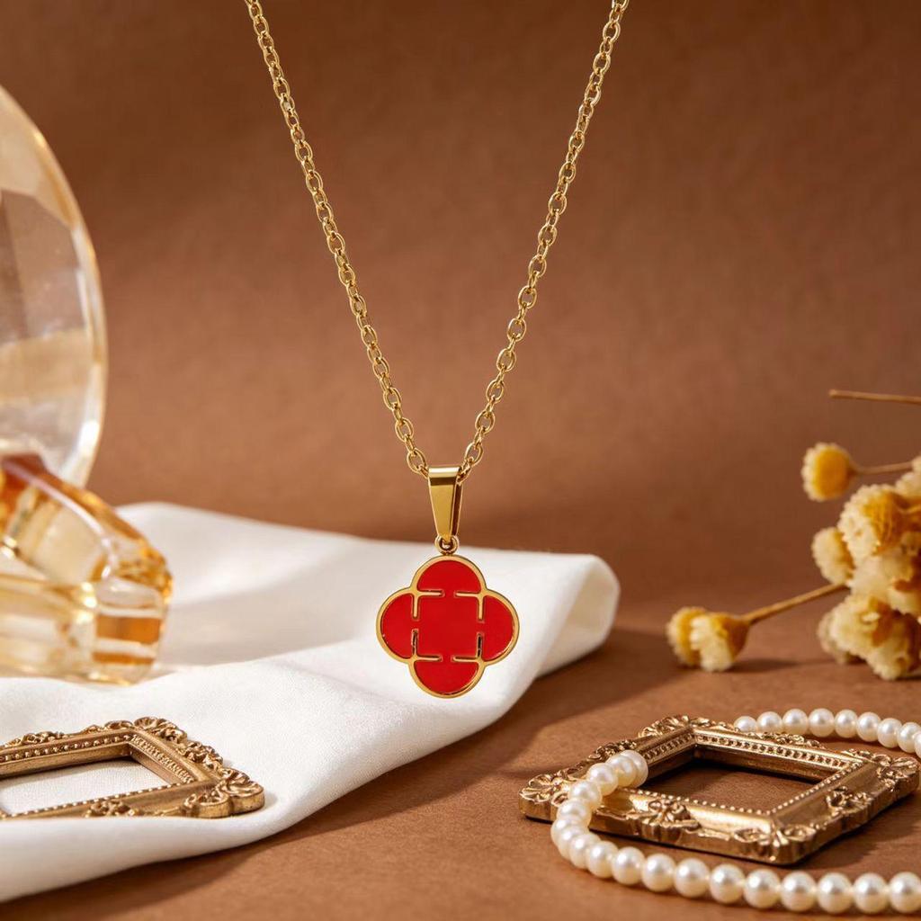 Color-Blocked Enamel Four-Leaf Clover Necklace, Gold Titanium Steel, Fashionable Niche Jewelry.