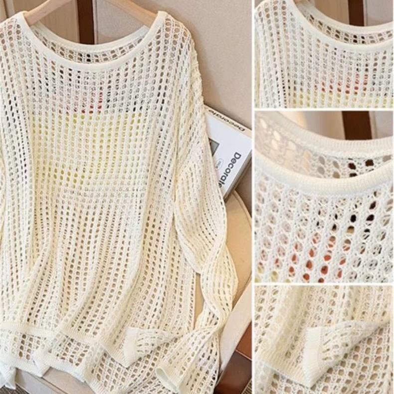 Hollow Out pletené dámské letní líné volné odstíny košile na opalování s kulatým výstřihem, dlouhý rukáv, univerzální top