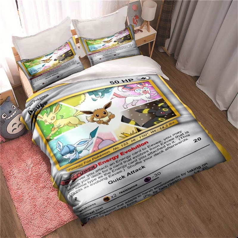 Bedding sets featuring various Pokémon card designs and sizes—including soft duvet covers and pillowcases—suitable for teenagers