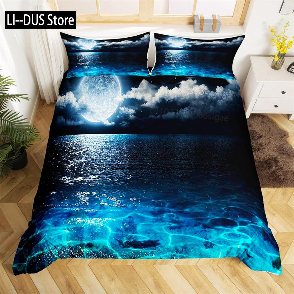 Dark Night Ocean Duvet Cover Seawater Bright Moon Sea Starry Night Sky Galaxy Reflection Comforter Cover Bedding Set Room Decor