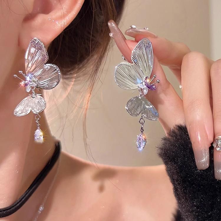 Purple Sparkling Zircon Butterfly Earrings - Luxury Women's Studs