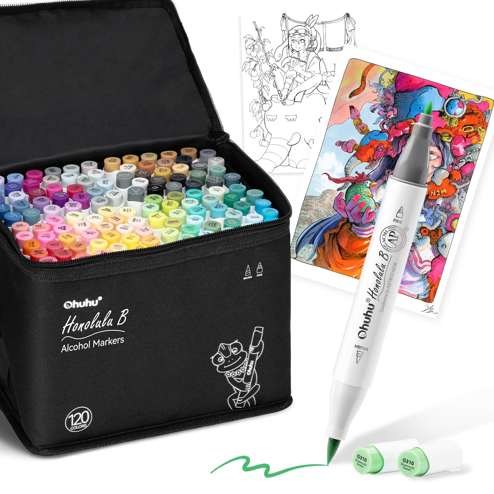 

Ohuhu Marker Pens, Brush Type, 120 Colors, 121 Pens, Professional Grade, Illustration Markers, Brush/Fine Tip, Includes 1 Blender Pen, Honolulu B Seri