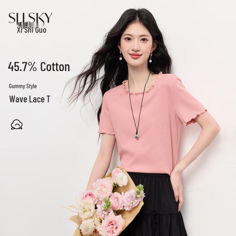 

Women s Gummy Pink Wave Lace Short Sleeve T-Shirt L