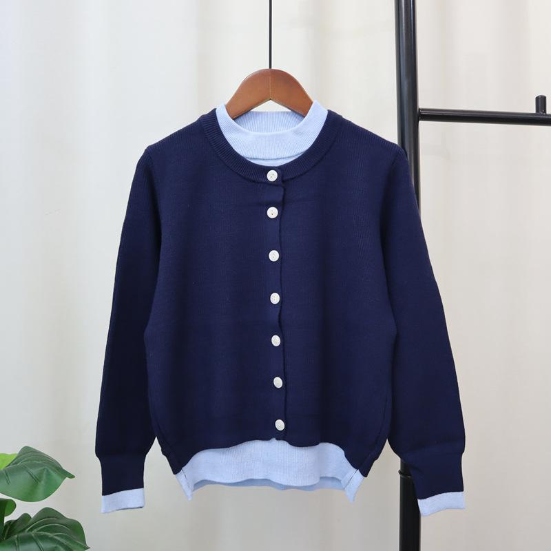 Crew Neck Fake Two-piece Knitted Cardigan Women's Autumn and Winter New Loose Contrasting Color Design Temperament Sweater Jacket