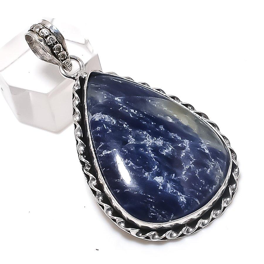 Natural Sodalite Gemstone 925 Sterling Silver Jewelry Pendant 2.17" H2A58