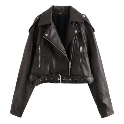 Pu Faux Leather Jacket Woman Chic Vintage American Spring Street Wear Short Lapel Zipper Belt Biker Coats Fashion Streetwear Plus Size