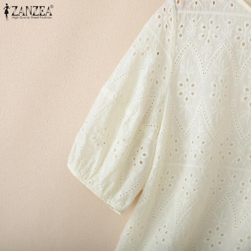 ZANZEA Women Casual Round Neck Short Sleeve Embroidery Crochet Patchwork Blouse