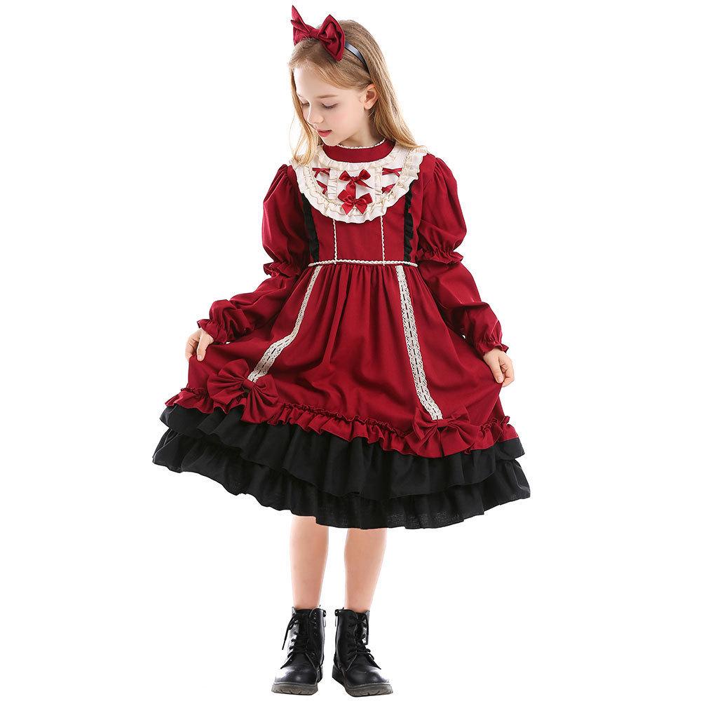 Pinse Clothing Spanish Lolita Halloween Princess Dress for Kids - Wine Red Loli Photography Costume
