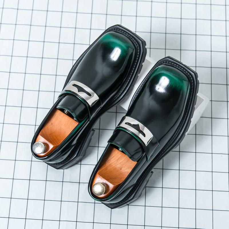 Fashionable Classic Green Men's Comfortable Thick Sole Anti Slip Loafers Brand Spring New Men Square Toe Wedding Business Shoes
