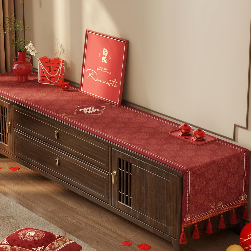 Wedding Tv Cabinet Tablecloth Light Luxury High-End Red Side Cabinet Long Strip Cover Festive Coffee Table Decorative Cloth