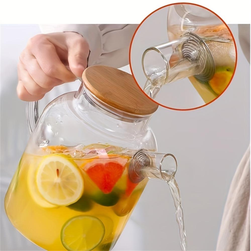 Jarra de Vidrio de Borosilicato Alta para Agua Fría Resistente al Calor 1000ml/1800ml Gran Capacidad Jarra para Té de Frutas con Tapa de Bambú Tetera Transparente