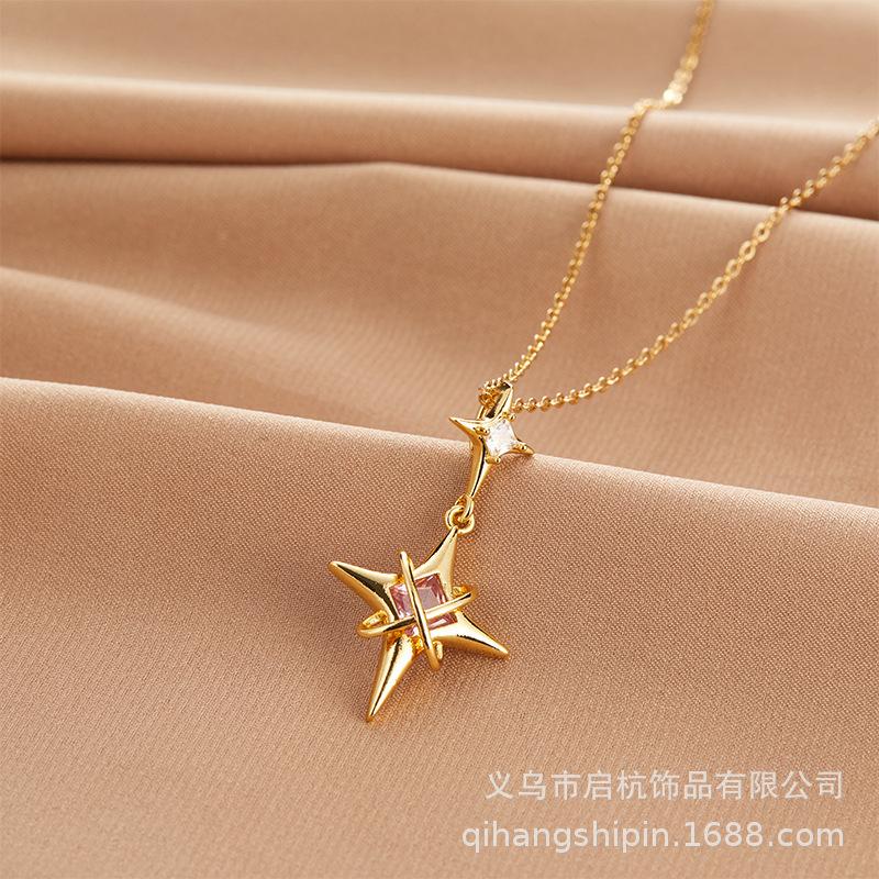 Wind Octagram Necklace Women'S High-End Trend Temperament Personality Versatile Zircon Pendant Clavicle Chain