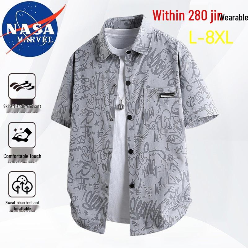 NASA MARVEL Men s Summer Casual Ice Silk Patterned Lapel Short Sleeve Shirt 5XL