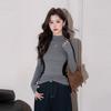 Autumn/Winter 2025 Women's Slim Fit Color Block T-Shirt with Half-High Collar and Waist-Cinched Design