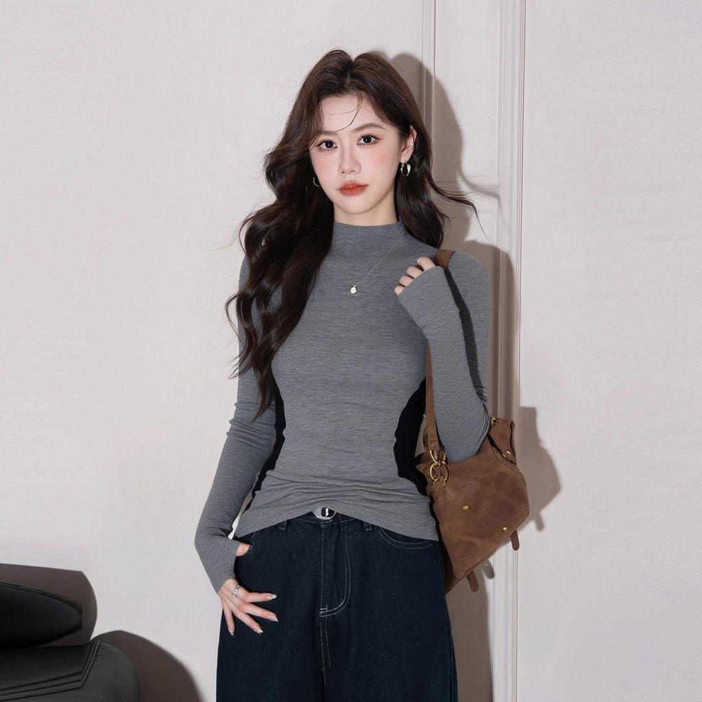 Autumn/Winter 2025 Women's Slim Fit Color Block T-Shirt with Half-High Collar and Waist-Cinched Design