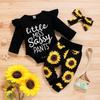 Infant Baby Girls Letter Romper Bodysuit+Sunflower Print Pants+Headband Outfits