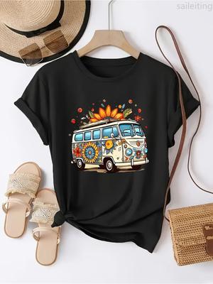 Damska Koszulka Vintage z Graficznym Nadrukiem Vana Czarna Retro Kwiatowy i Geometryczny Wzór Harajuku Rękaw Odzież Damska Streetowa Estetyczna Odzież