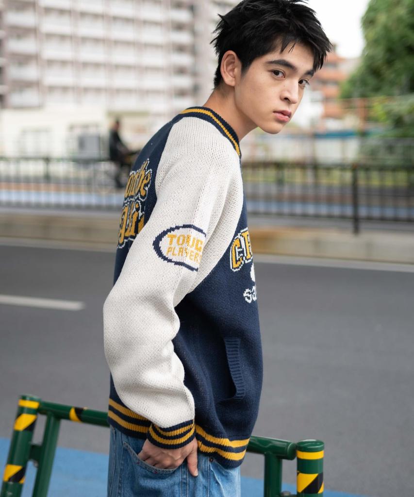 WEGO Unisex Jacquard Knit Stadium Size Navy Jacket, Outerwear, Streetwear, Casual, Fall/Winter, Gift, Men's, M,