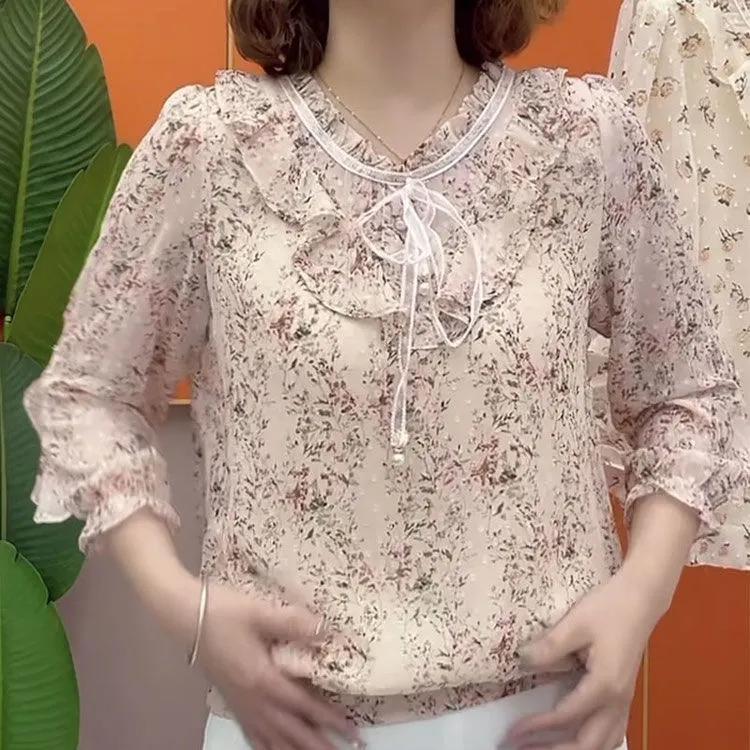 Women's Spring and Fall Long-sleeved Printed V-neck Shirt Loose Thin Ageing Blouse