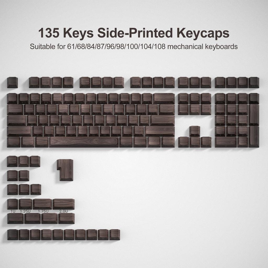 135-Key Wooden PBT Womier Shine-Through Keycaps, 75% Side Print, Dye-Sub, Cherry Profile Custom Keycaps for Mechanical Keyboards