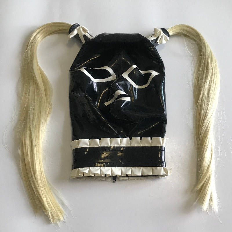 Black Latex Hood Rubber Mask With Hairpieces Wigs Bows Neck Lace Hoods